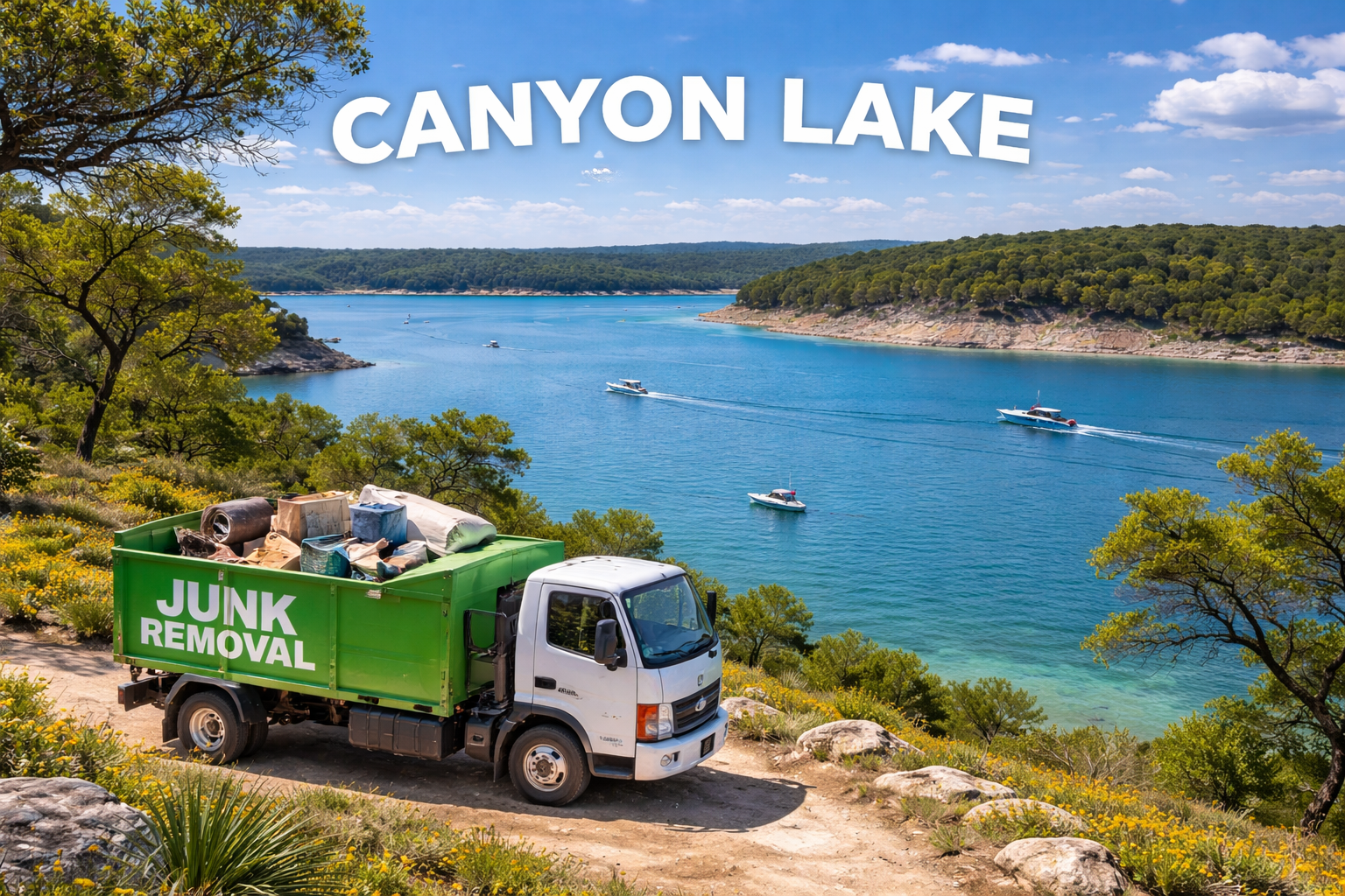 Junk removal truck cleaning out residential property near Canyon Lake, TX with Hill Country landscape in background.